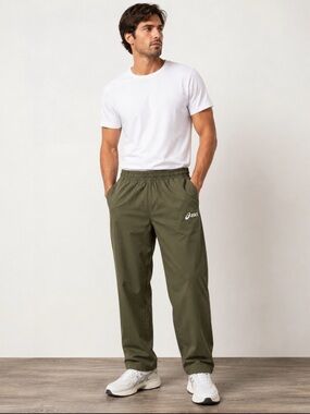 ASICS Men's L Olive Track Pants with elastic waistband.